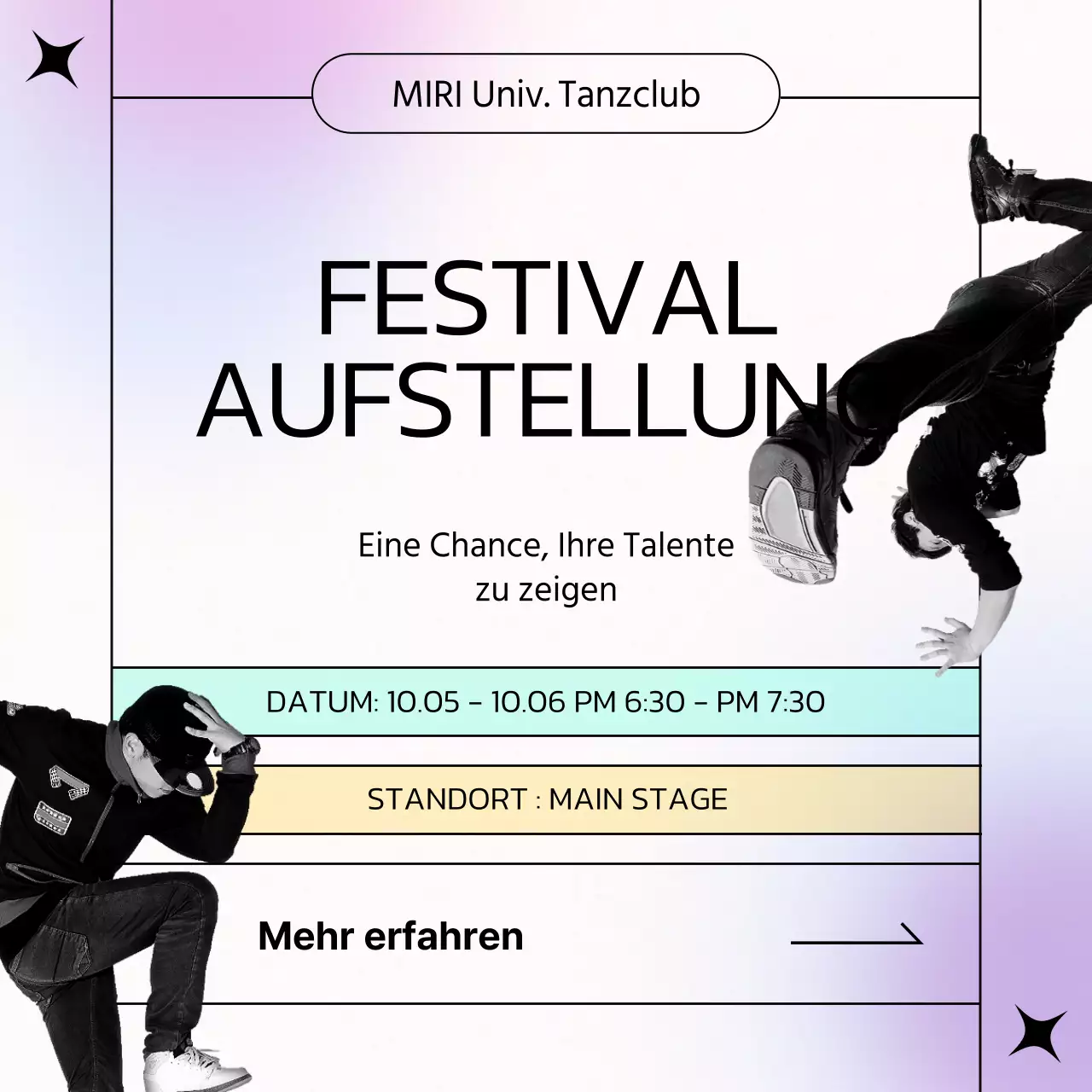 Ankündigung des Line-ups für die mint und lila Pop der Dance Club Performances