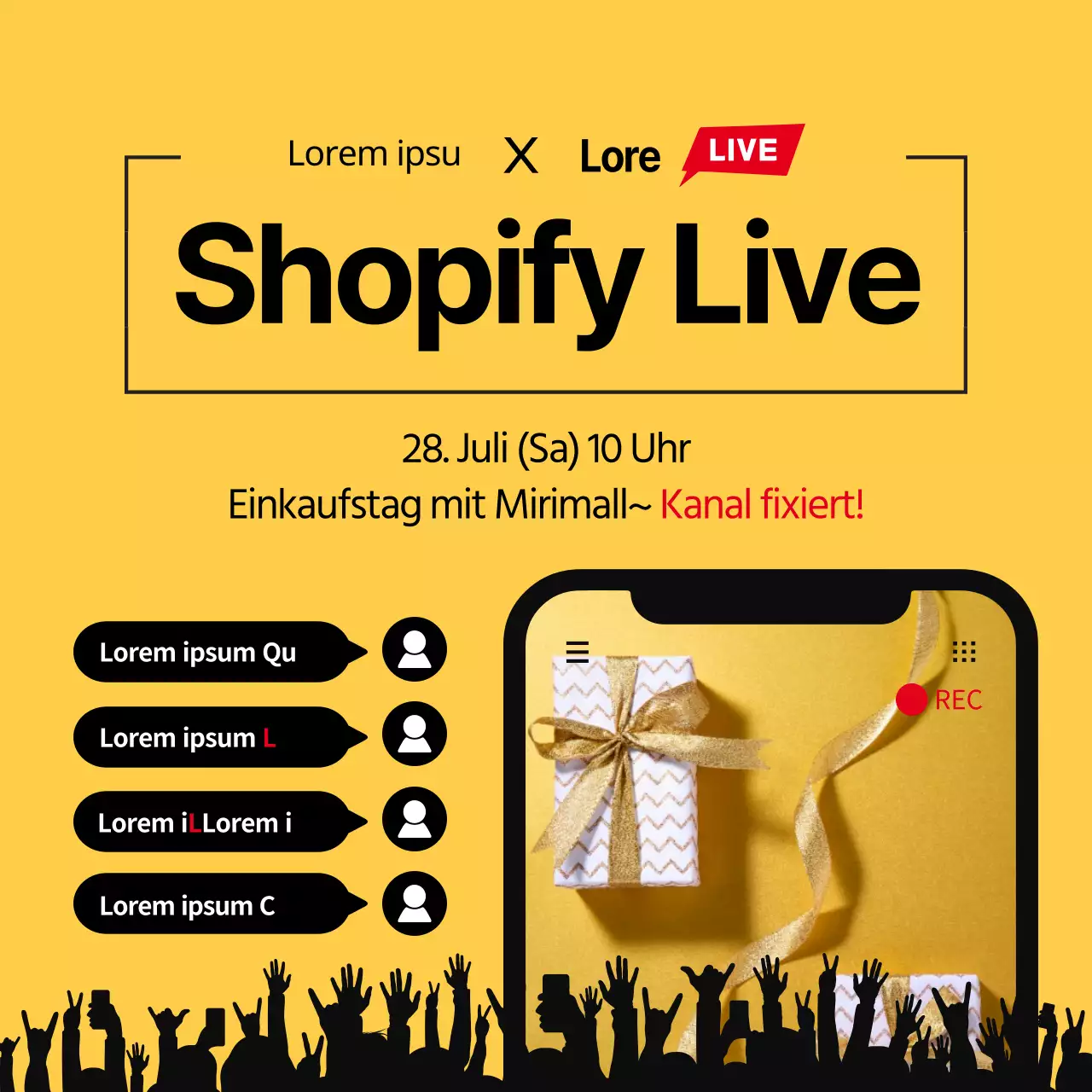 Shopping live mit gelbem und schwarzem Handy-Rahmen Chat-Konzept