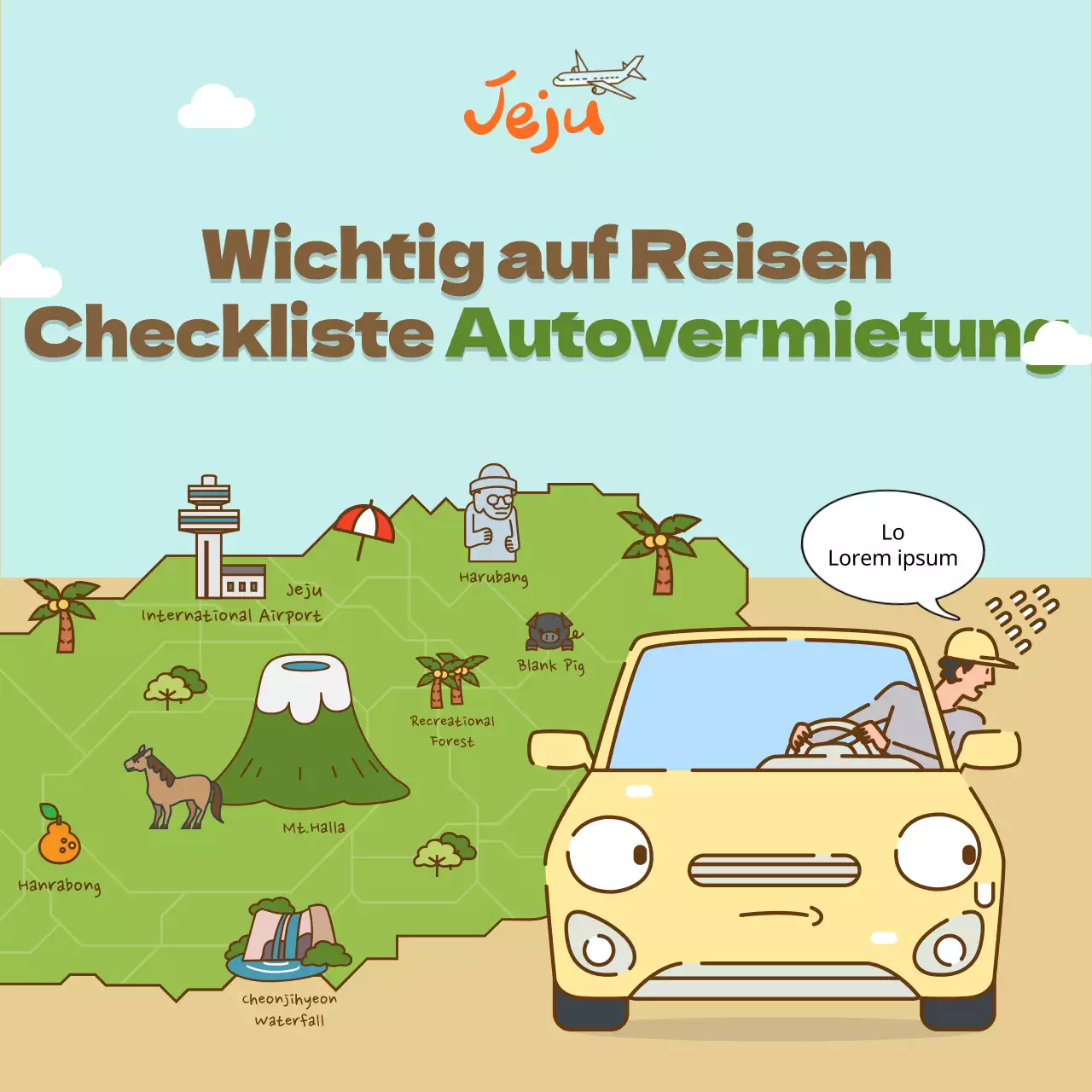 Eine Mietwagen-Checkliste für Reisen auf die Insel Jeju mit niedlichen Illustrationen Soziale Medien