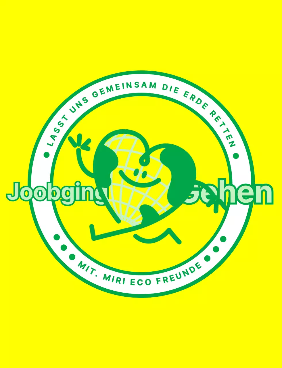 Emblem-Logo-Konzept mit einer niedlichen Erdfigur in Gelb und Grün für eine globale Umweltkampagnenorganisation.