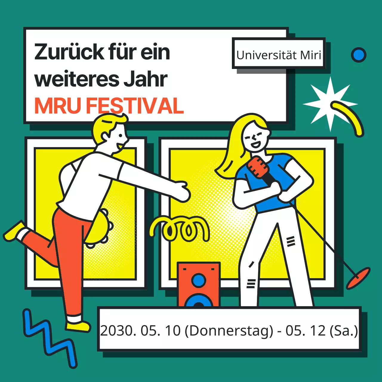 Bunte Illustration im Pop-Art-Stil zur Bewerbung eines Universitätsfestivals