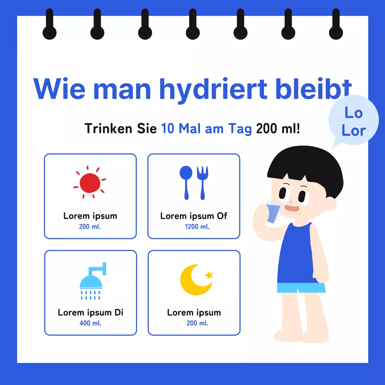 Informationen über chronische Dehydrierung in einem notizbuchartigen Format mit niedlichen, einfachen Illustrationen in Blau und Hellblau.