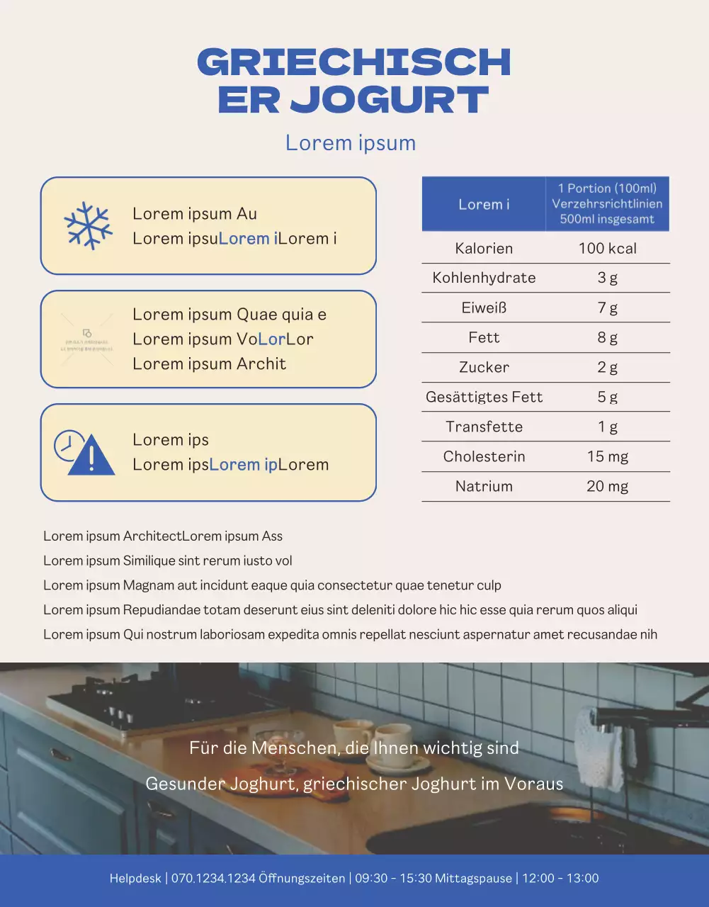 Blau-gelber lebhafter sauberer griechischer Joghurt Detailseite