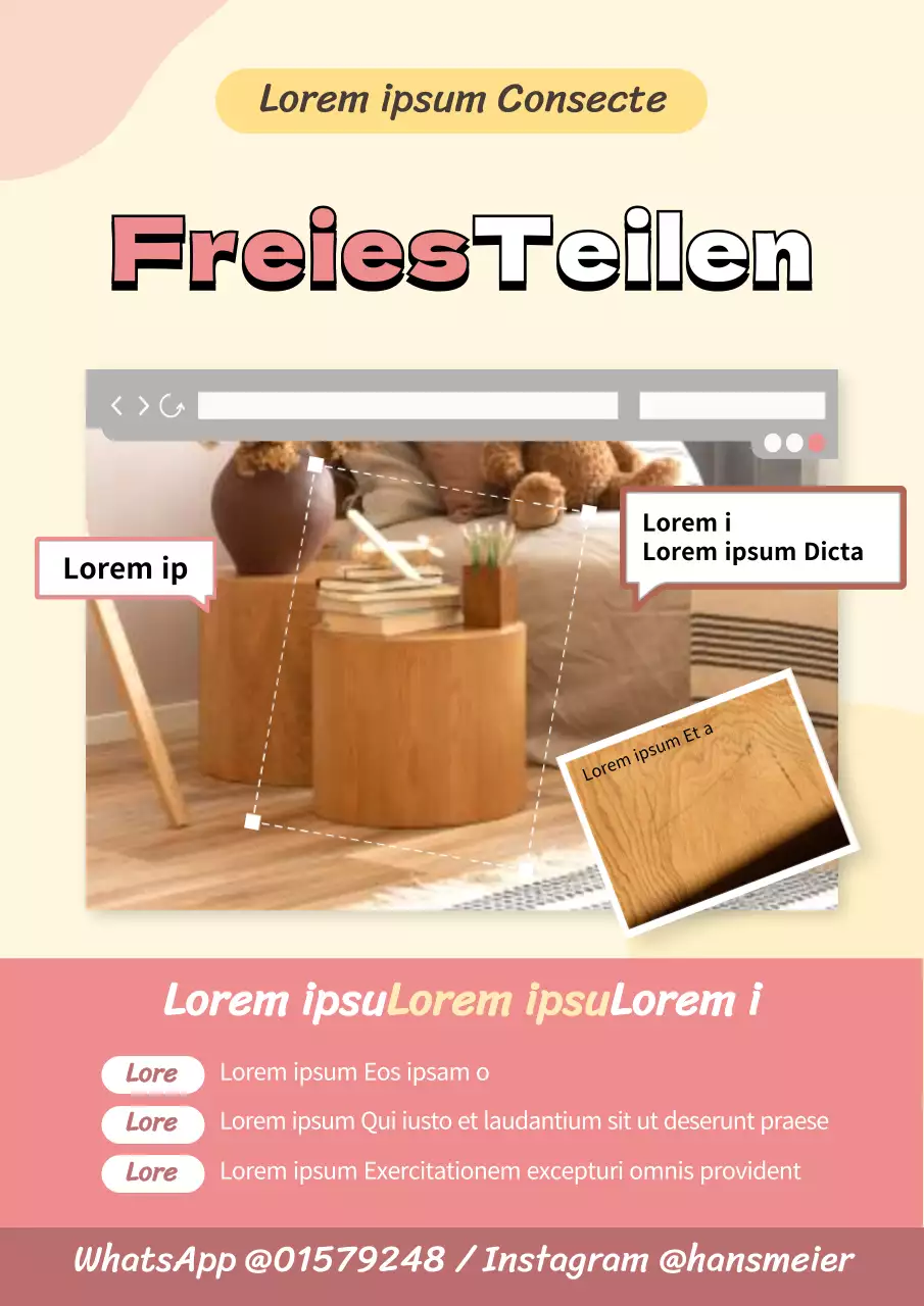 Plakat zur Förderung der kostenlosen gemeinsamen Nutzung von Inneneinrichtungen in zarten Rosatönen