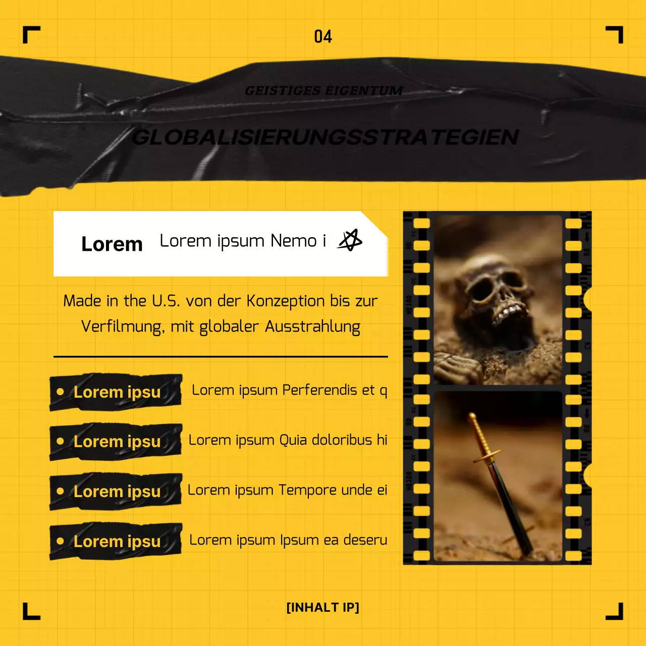 Gelbes und schwarzes Videobandkonzept IP Copyright