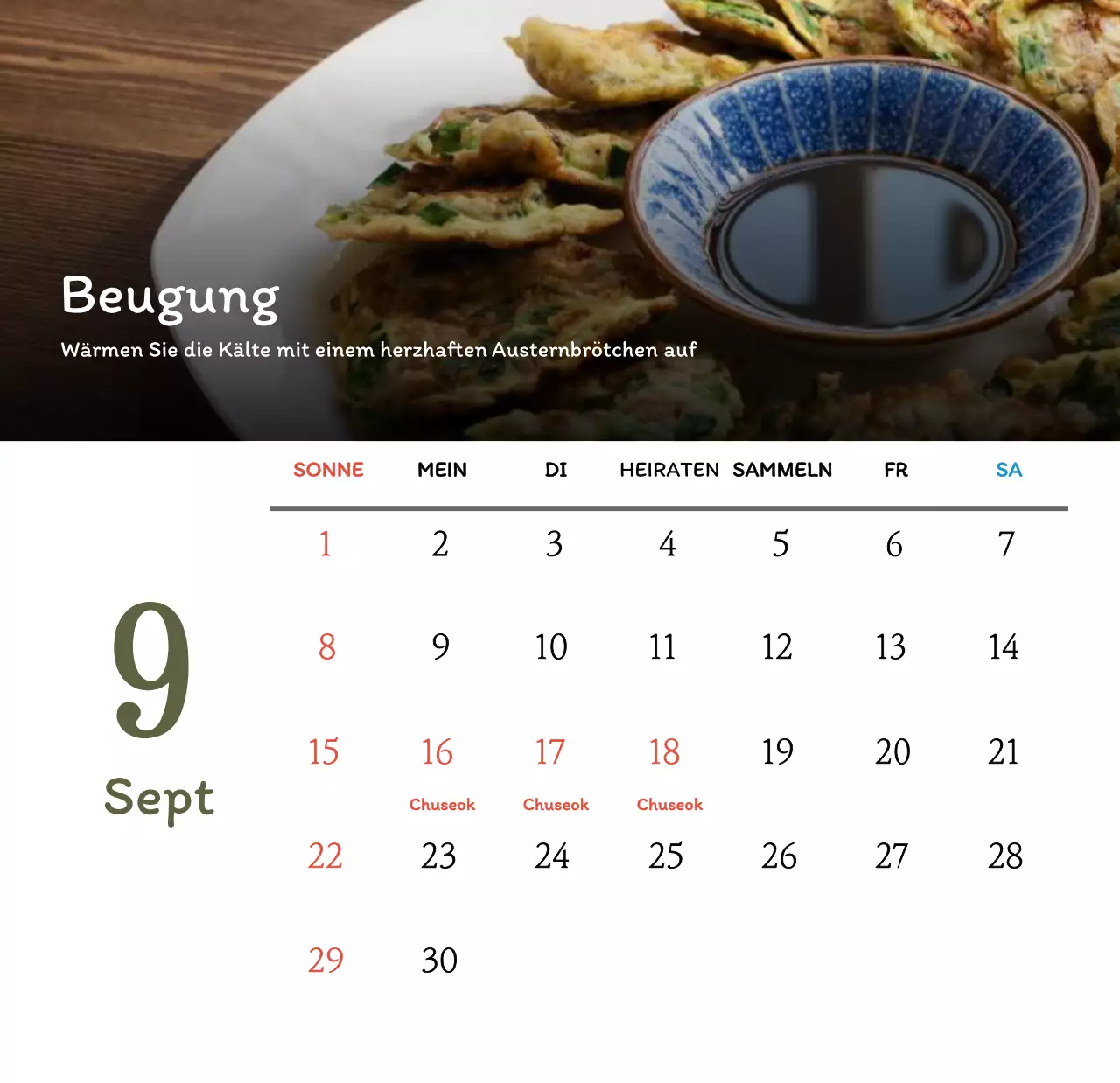 Traditioneller koreanischer Restaurantkonzept-Gutscheinkalender in Beige und Braun