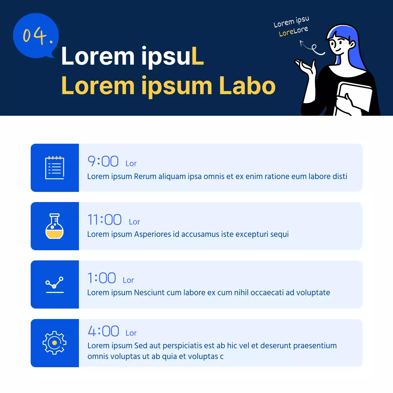 Einfache Stellenbeschreibung in Blau und Gelb zur Werbung für das F&E-Labor