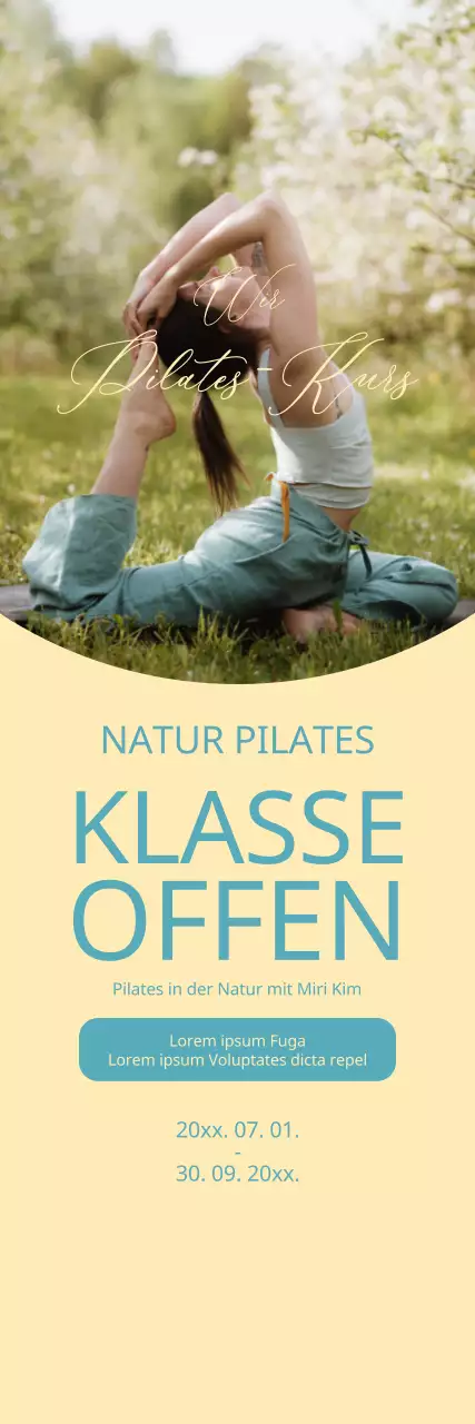 Werbung für offene Pilates-Kurse mit gelbem Hintergrund
