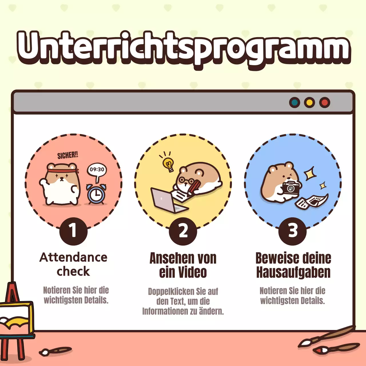 Einführung in die Klasse mit einem niedlichen rosa und gelben Charakterkonzept