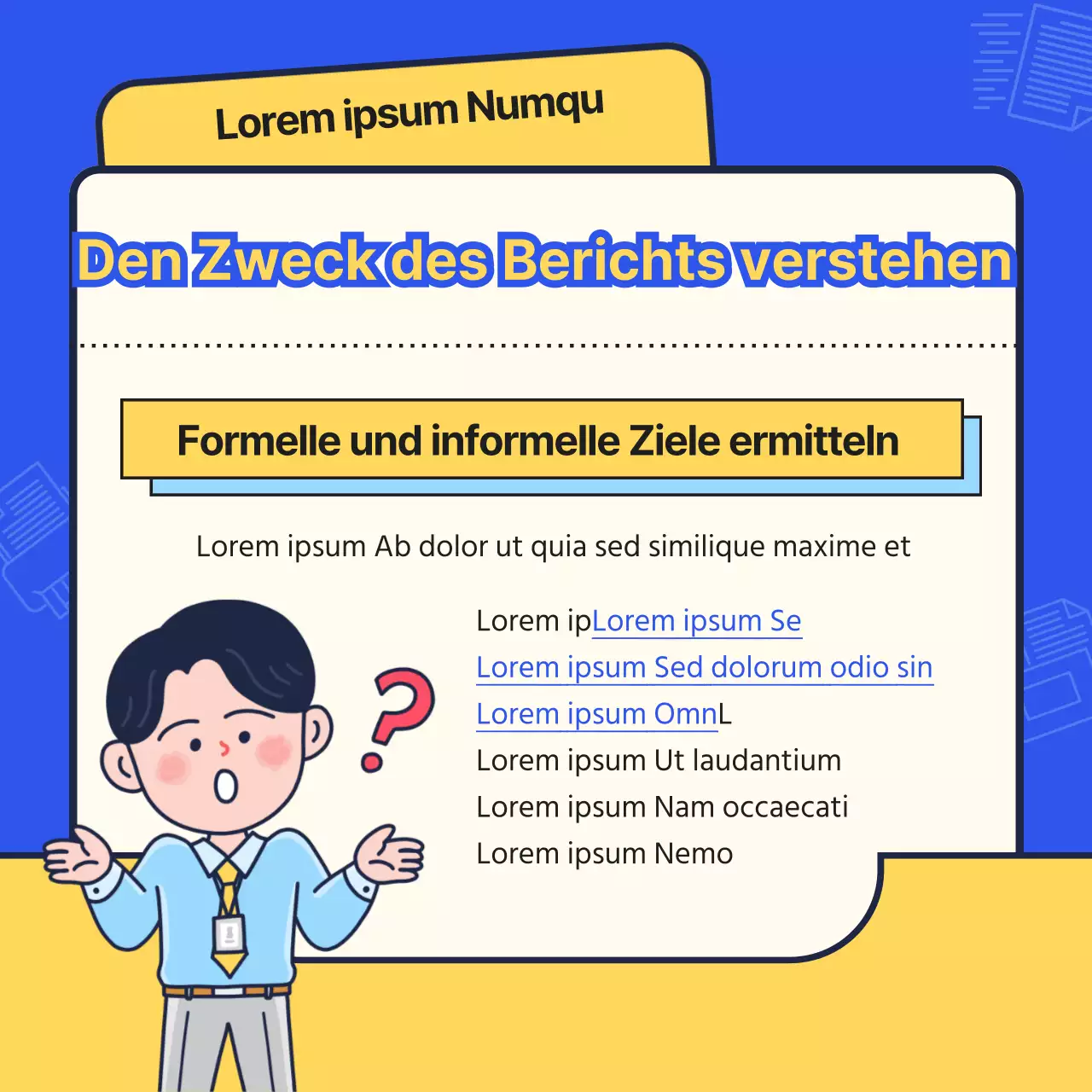 Ein einfaches blaues und gelbes Deck für die Einarbeitung neuer Mitarbeiter