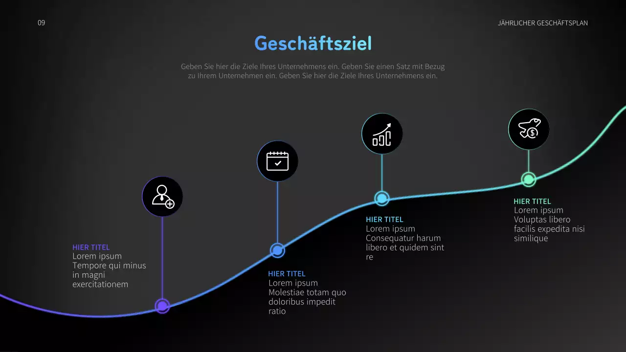 Jährlicher Geschäftsplan für die Automobilindustrie mit blauen und schwarzen beweglichen Grafiken