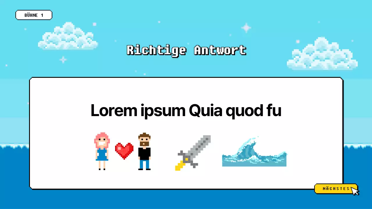 Workshop-Quizspiel mit blau-gelber Pixel-Optik