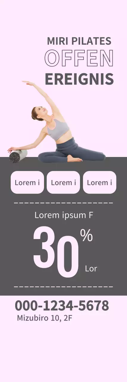 Pilates Open Event Windbanner mit grauen Quadraten auf rosa Hintergrund