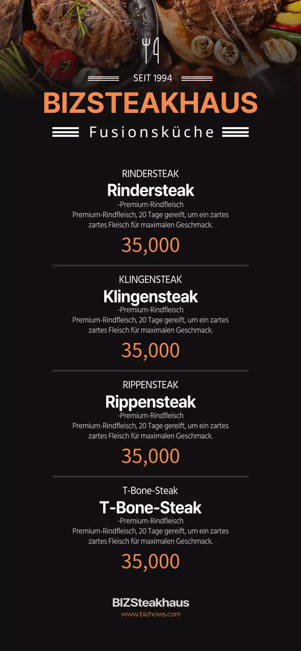 Schwarz-orange, einfache Steakhouse-Menüpreise