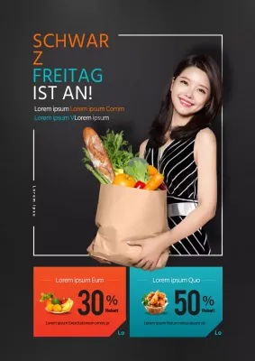 Black Friday Warenhaus-Rabattcoupon-Aktion mit einem Bild einer Frau in schwarzen Einkaufstüten
