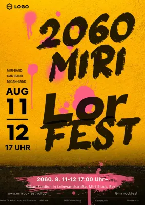 Rockfestival mit hervorgehobenem Graffiti-Text auf gelbem Hintergrund