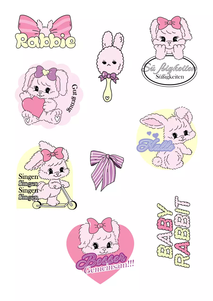 Niedliche Hasenaufkleber mit pastellfarbenen Charakterillustrationen