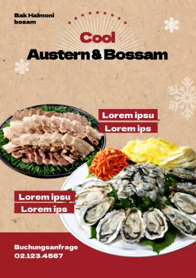 Bewerben Sie Speisekarten von Yakisoba- und Okonomiyaki-Restaurants mit roten und beigen Lebensmittelbildern