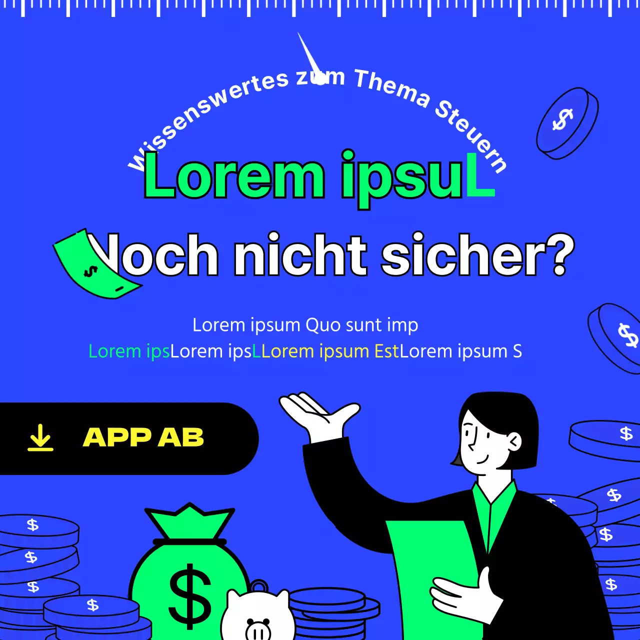 Steuerersparnis in Blau und Chartreuse mit einfachen, klaren und inspirierenden Illustrationen Tax Tech Basics