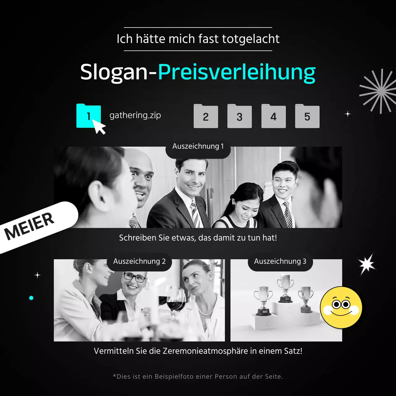 Bekanntgabe der Gewinner des Slogans in schwarz-weiß mit hellblauen und gelben Punkten CardNews