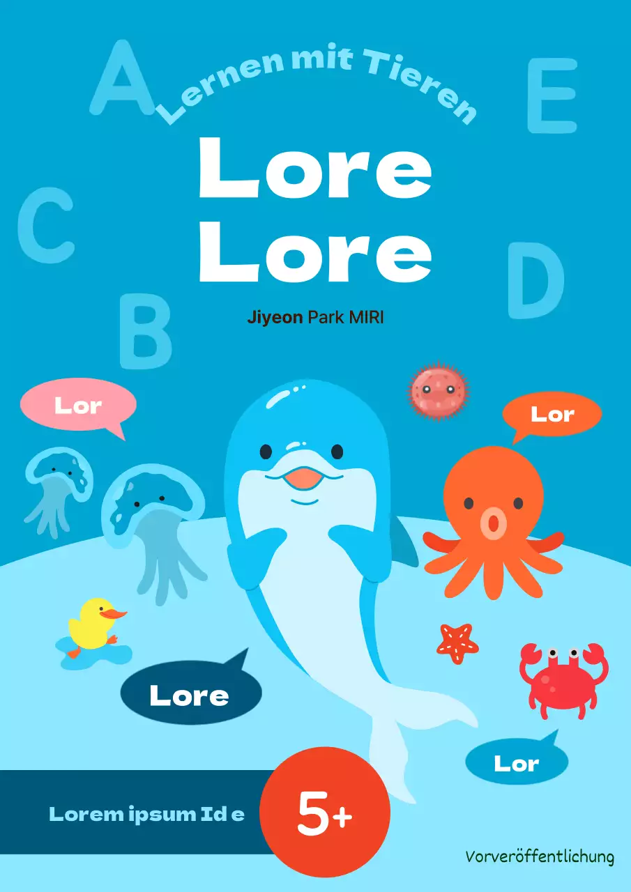 Minimalistischer englischer Kinderbucheinband in Hellblau und Orange