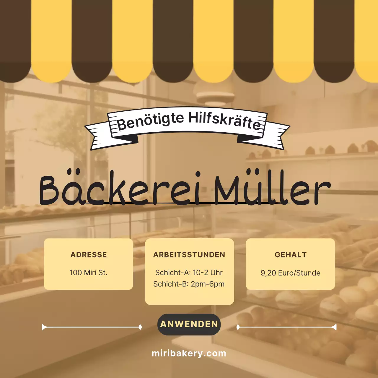 Einfache Bäckerei-Stellenanzeige in Gelb und Braun