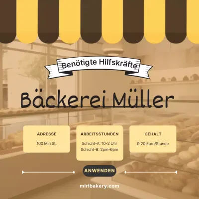 Einfache Bäckerei-Stellenanzeige in Gelb und Braun