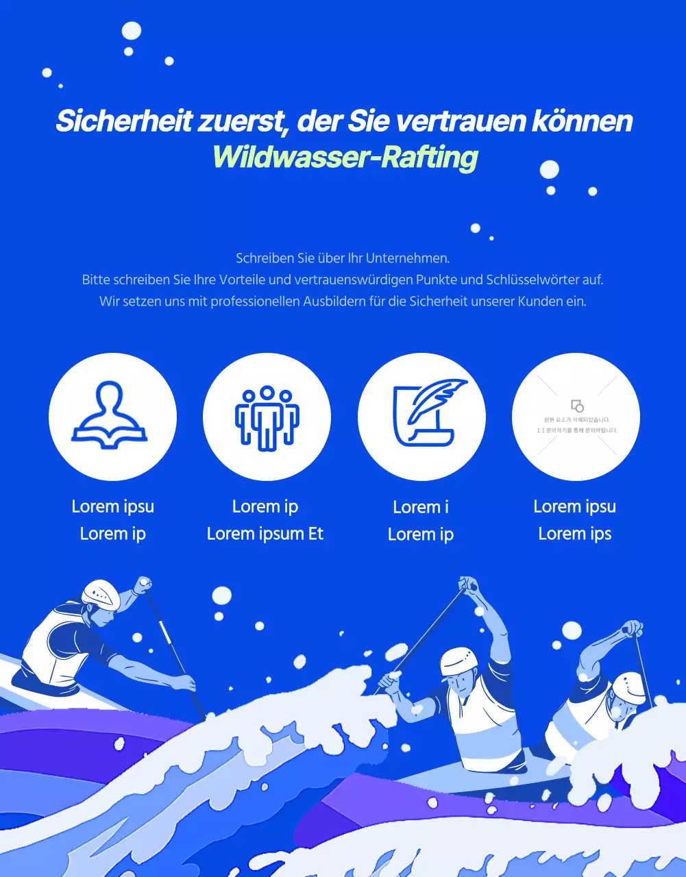 Förderung des aktiven Raftings mit Wasserspritzern auf blauem Hintergrund