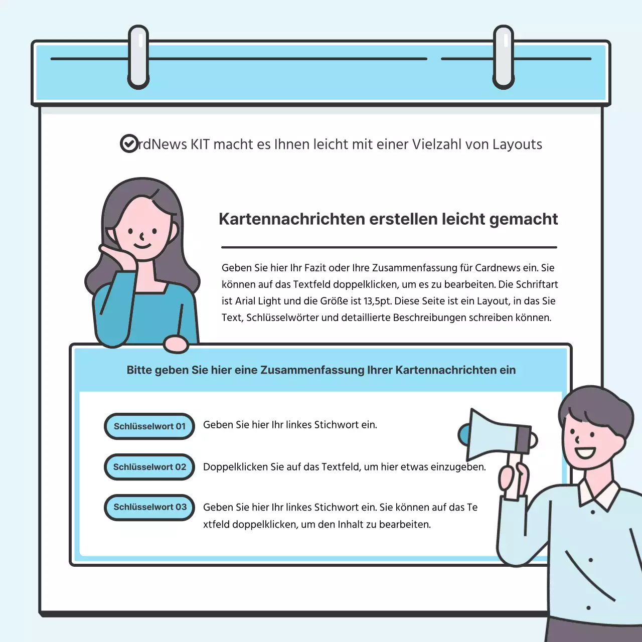 Hellblaues Notenkonzept Hübsche Karte mit niedlichen IllustrationenNews