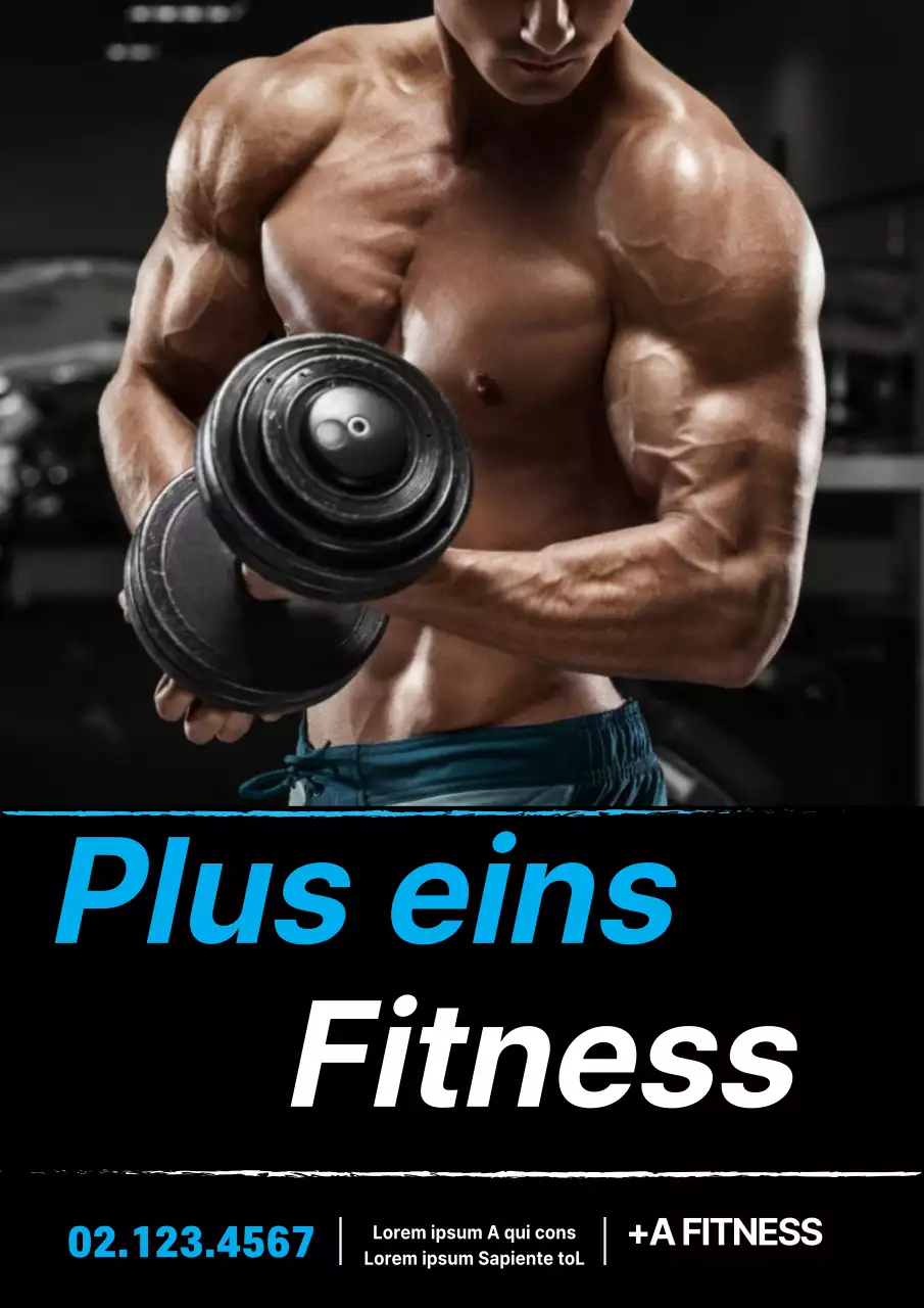 Einfache Werbung für ein Fitnessstudio mit blauen und weißen Fotos von Menschen, die trainieren