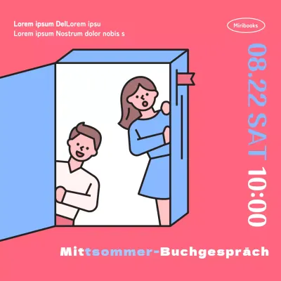 Eine einfache, rosafarbene, illustrierte Booktalk-Aktion