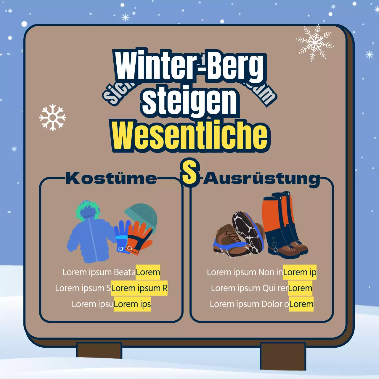 Sicherheit in den Bergen im Winter mit kastanienbraunen und hellblauen Schildern