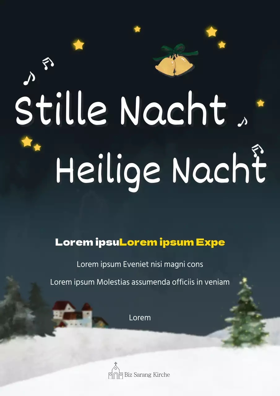 Werben Sie für die Weihnachtsveranstaltung einer Kirche mit einer Illustration einer verschneiten Nachtszene in Marineblau