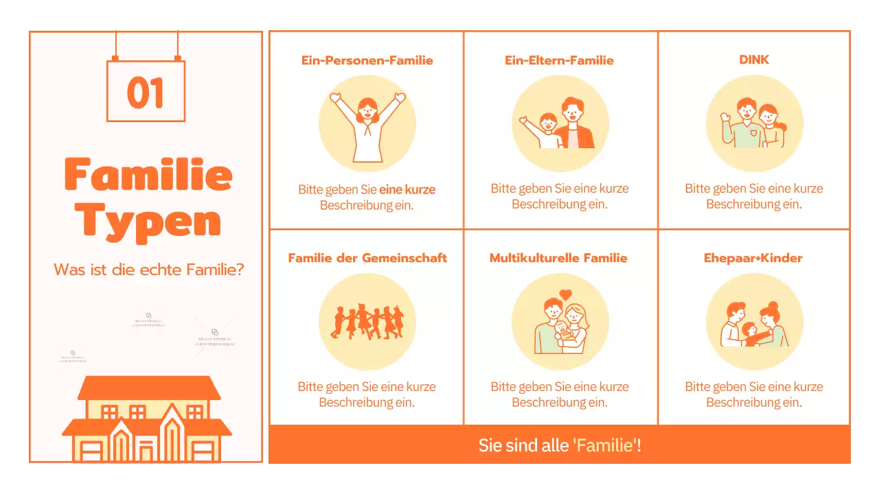 Familienkulturprogramm mit niedlichen orangefarbenen Illustrationen