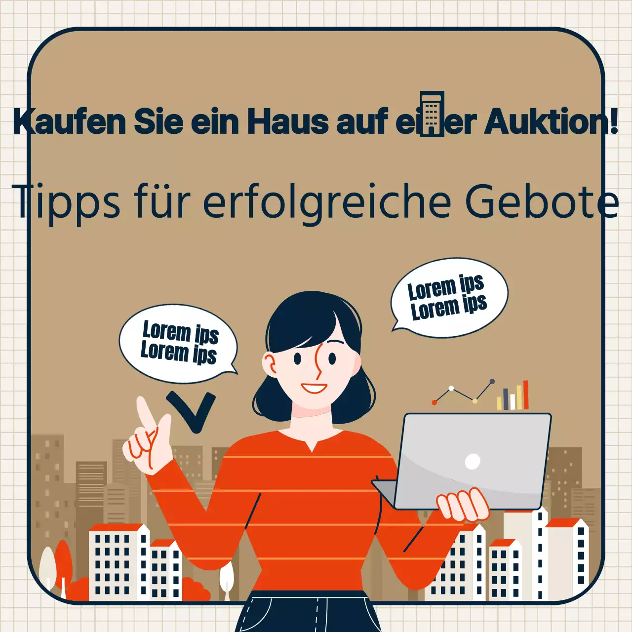 Thema der Immobilienauktion mit beigen, sauberen Illustrationen und Rahmenkombinationen