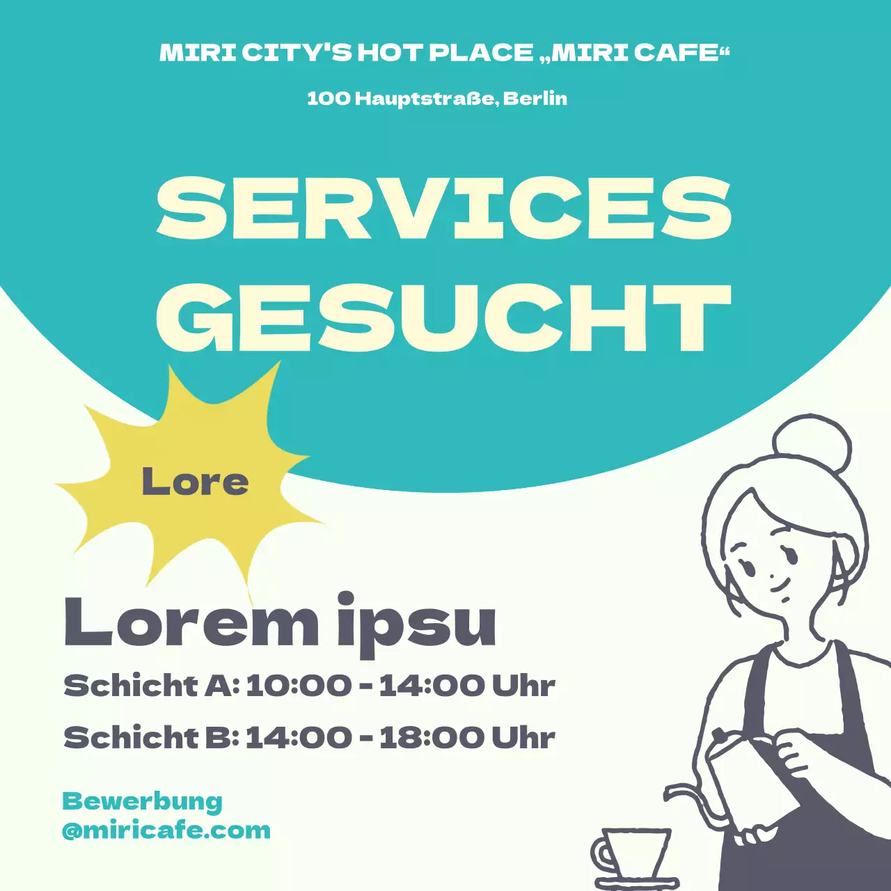 Stellenausschreibung für Mitarbeiter mit hervorgehobenem Text auf cyanfarbigem Hintergrund V1