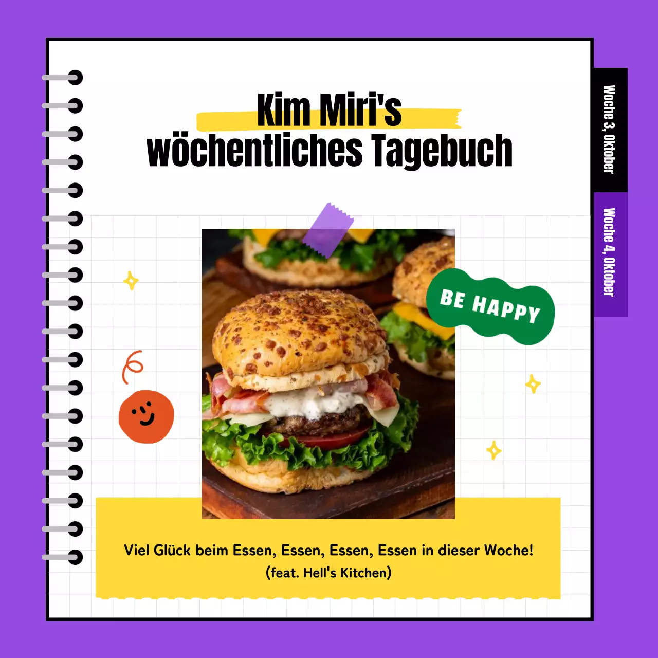 Bunte Wochenkalendervorlage in Lila und Gelb