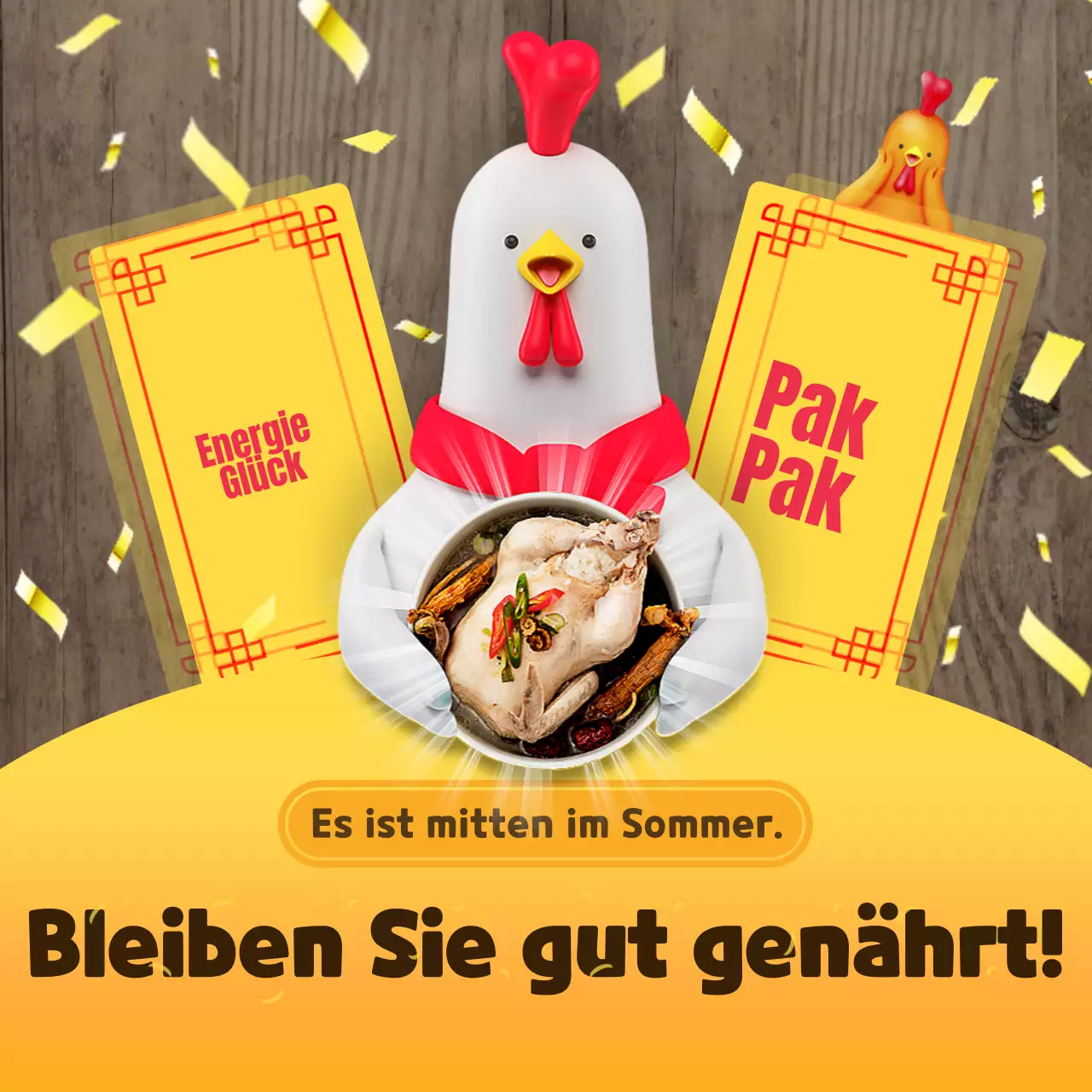 3D-Charakter Samgyetang Thema mit gelben bunten und fröhlichen Jubel Konzept