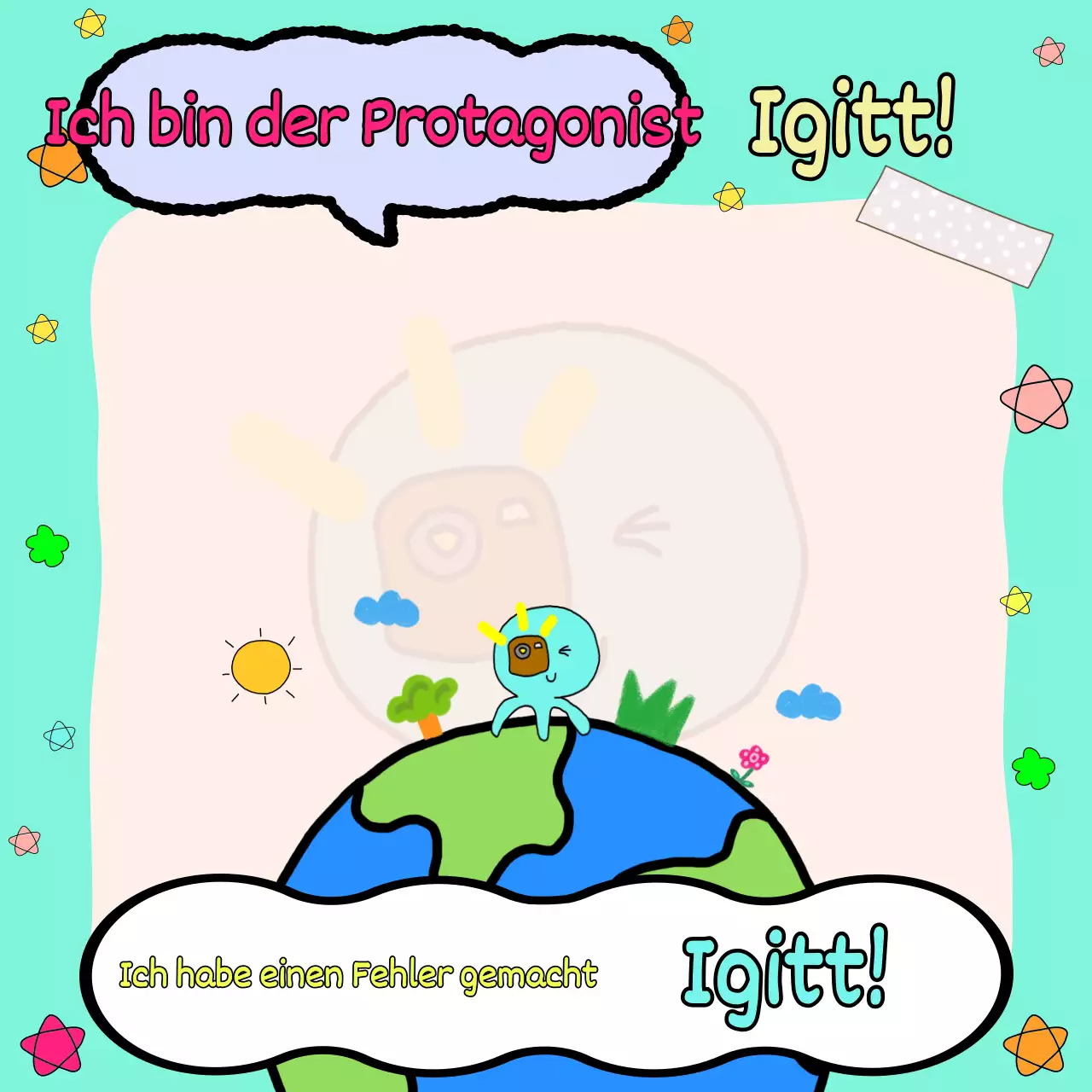 Eine lustige Doodle-Mochi-Note mit mintfarbenem Hintergrund und hellblauem Oktopus-Charakter