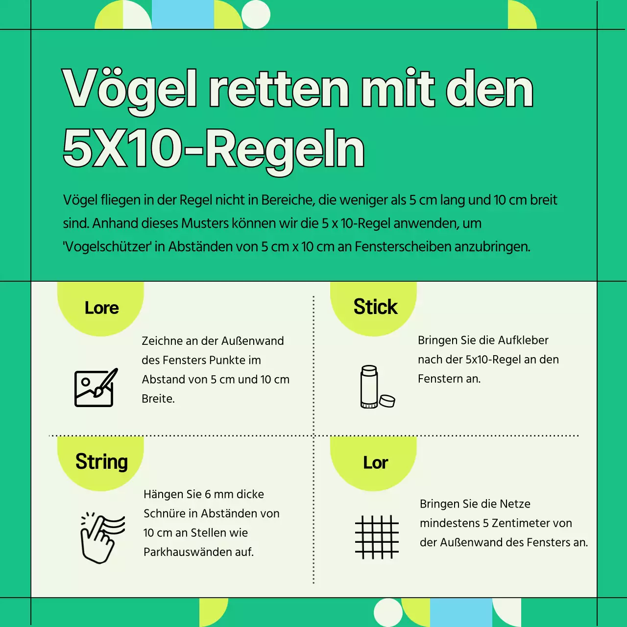 Informationen zur Vermeidung von Kollisionen mit grünen und geometrischen Wildvogelfenstern (Card News)