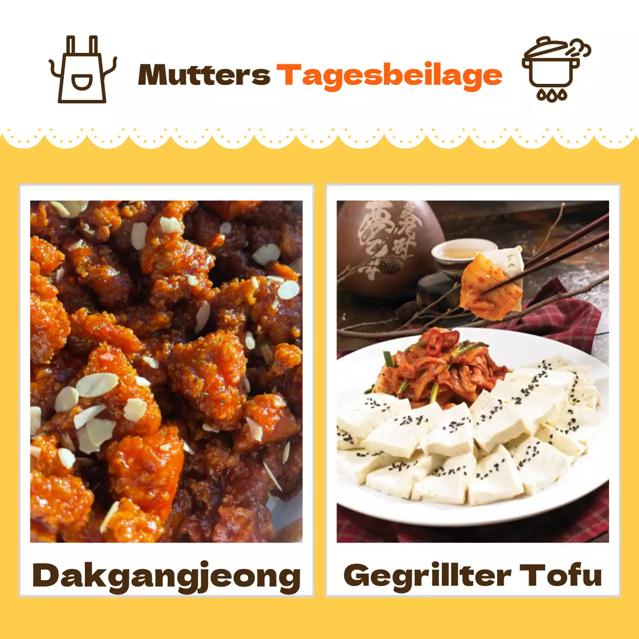 Eine sanft gefärbte Werbebroschüre für Muttis Feinkostladen mit gelbem Hintergrund und hellen Fotos von Lebensmitteln.