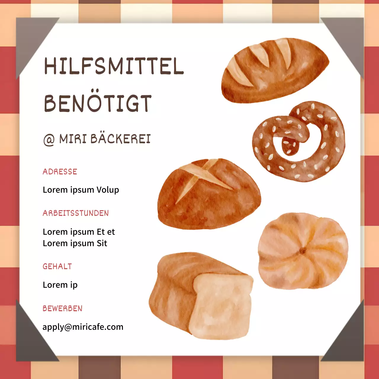 Bäckerei Stellenanzeige mit rot karierten Hintergrund und Vintage-Stil Illustration V1
