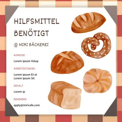 Bäckerei Stellenanzeige mit rot karierten Hintergrund und Vintage-Stil Illustration V1