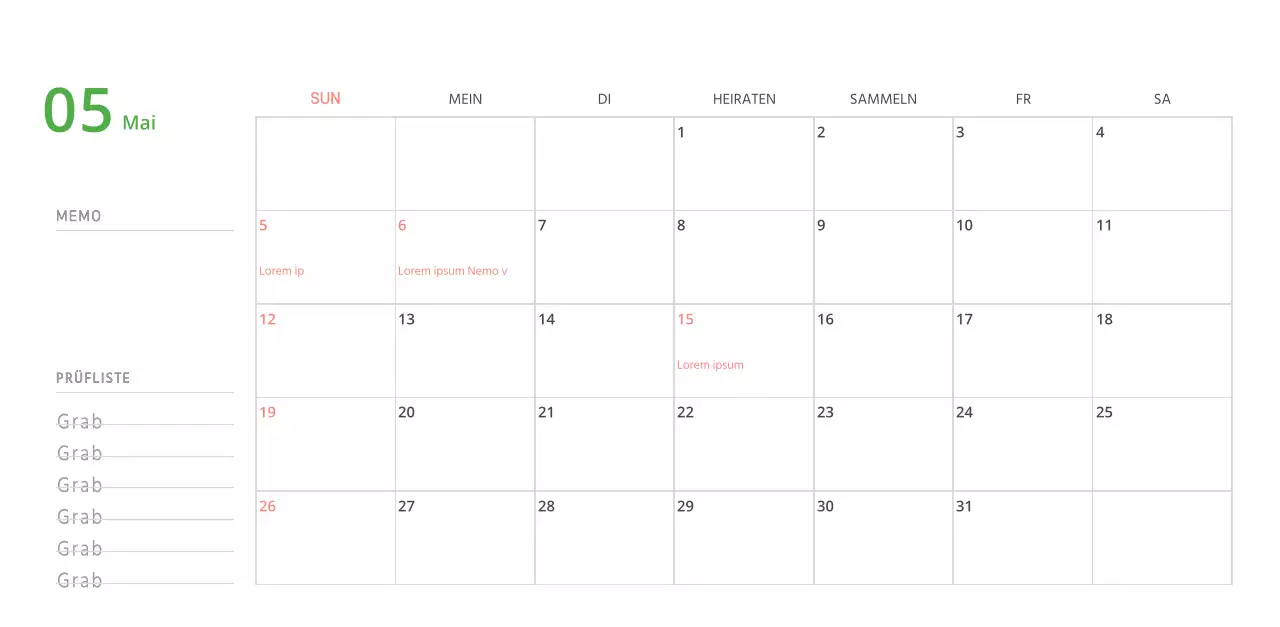 Niedlich illustrierter grüner Tischkalender mit Familienthemen