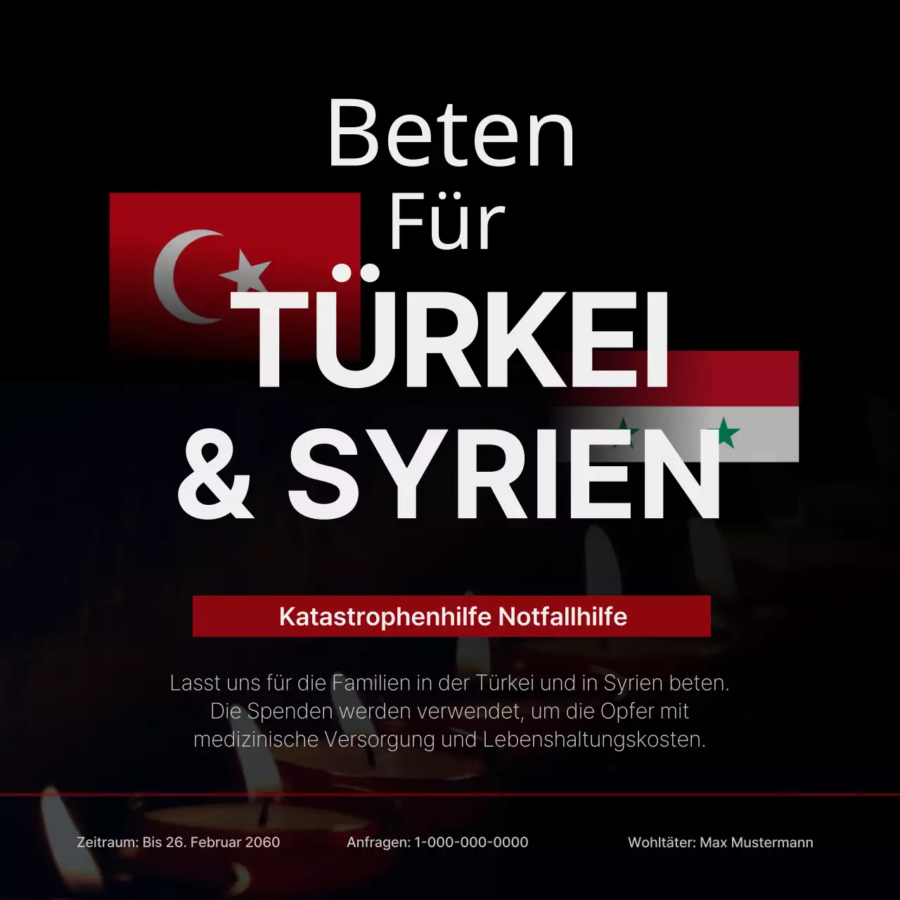 Soforthilfe bei der Beseitigung von Katastrophenschäden mit Kerzenlicht und Nationalflaggen hervorgehoben