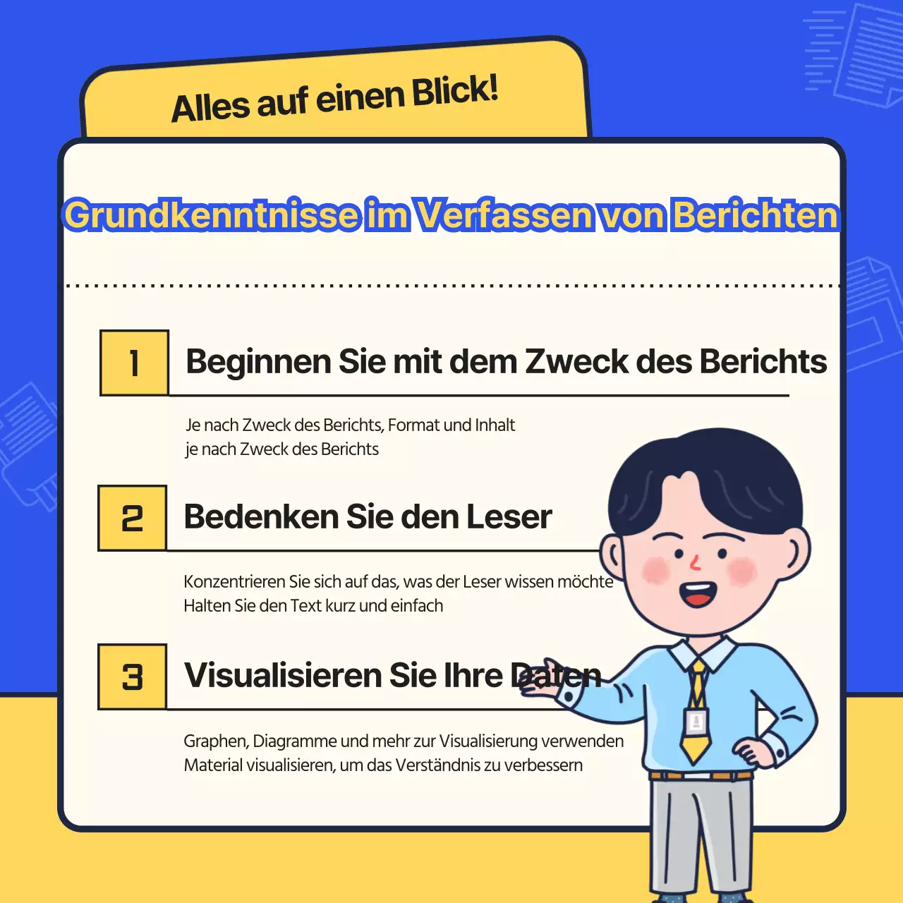 Ein einfaches blaues und gelbes Deck für die Einarbeitung neuer Mitarbeiter