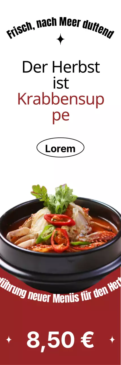 Herbstliches saisonales Catering mit fetten Schriften, Fotolayouts und roten Akzenten