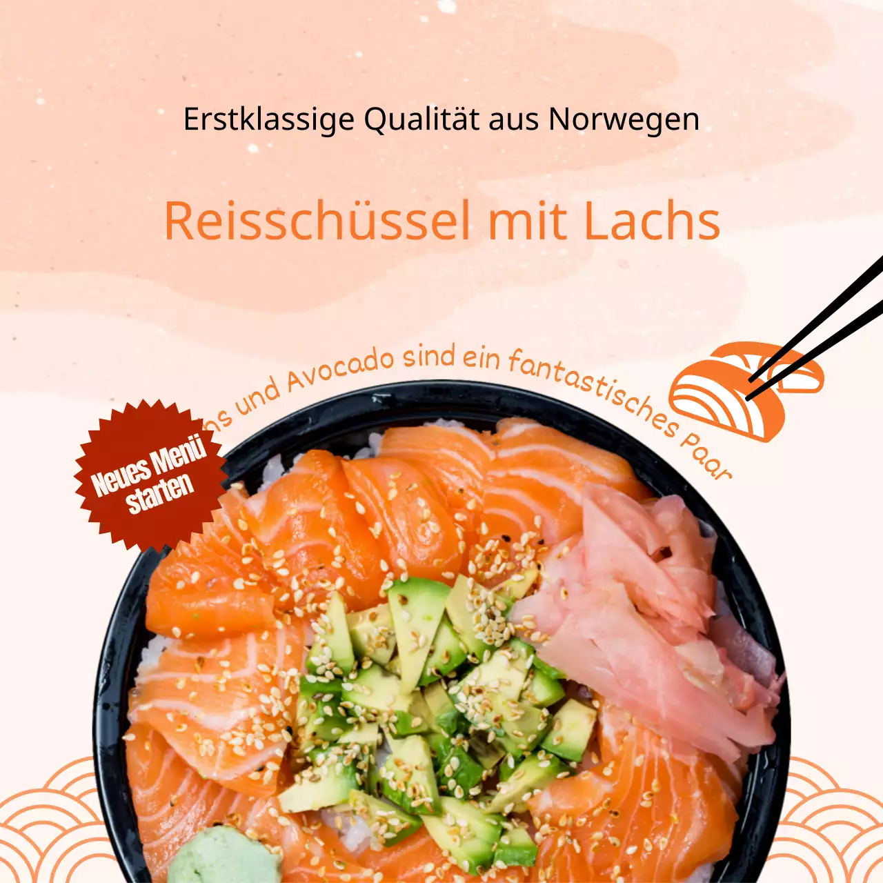 Lachs-Reisschale mit orangefarbenem Hintergrund auf der Speisekarte