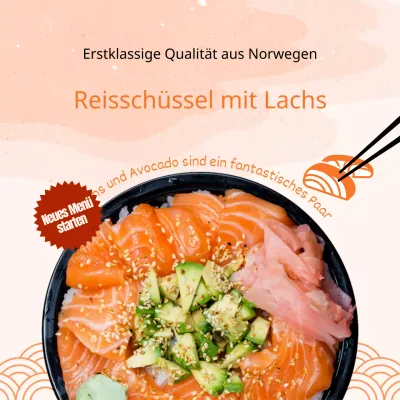 Lachs-Reisschale mit orangefarbenem Hintergrund auf der Speisekarte