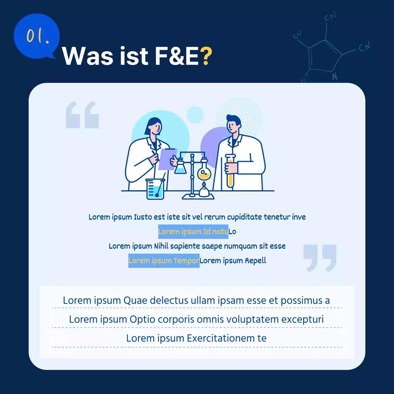 Einfache Stellenbeschreibung in Blau und Gelb zur Werbung für das F&E-Labor